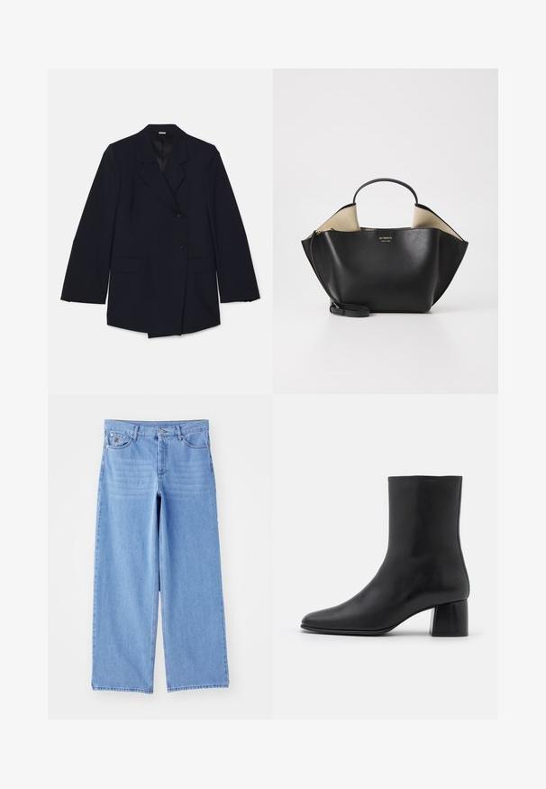 Laivansinisakki, jossa on viillotuslapeli, kaksi etutaskua ja kaksirivinen malli yksinkertaisella nappikiinnityksellä. Sileä rakenne.; Mustat pitkät hiharatoppi, joka on valmistettu pehmeästä kankaasta. Topissa on pyöreä pääntie ja rento istuvuus, jossa on sivuhalkiot helman kohdalla liikkumisen helpottamiseksi.; Vaaleansinisiä leveälahkeisia farkkuja, joissa on klassinen viisipaikkainen muotoilu ja nappikiinnitys. Liukas pinta, kuluneet lahkeensuukohdat.; Mustat nahkasaappaat nilkkakorkeudella, joissa on terävä kärki ja tukeva neliön muotoinen korko. Sileä pinta, saumaton muotoilu ja minimalistinen ommel.; Ree Projects ANN TOTE MINI - Käsilaukku - black; Hopeakiharat korvakorut, joissa on kaareva, pavun muotoinen muoto. Pehmeä, kiiltävä pinta, ja kiinnitysvarusteena on nuppi ja tausta.