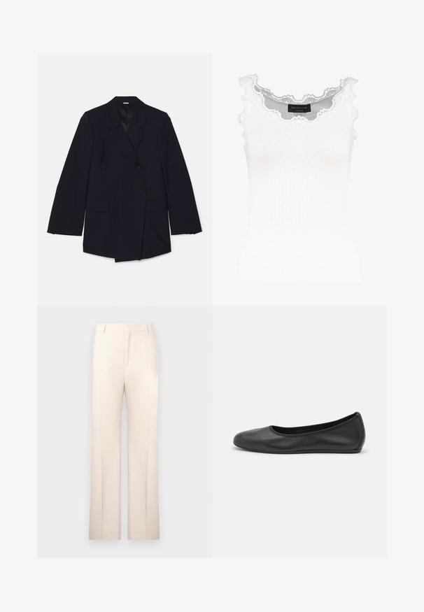 Námořnicky modrý blazer s klopovým límcem, dvěma předními kapsami a dvouřadým designem se zapínáním na jeden knoflík. Hladká textura.; Biely rebrovaný tielko s čipkovým lemom na výstrihu a rukávoch. Má jemnú textúru a priliehajúci strih. Viditeľná značka vo vnútri.; Bežové nohavice na mieru so strihom rovného nohavicu, vyrobené z ľahkého materiálu. Obsahujú predné záhyby a klasický pás.; Čierne kožené baleríny s okrúhlou špičkou, hladkým povrchom, minimálnym prešívaním a flexibilným dizajnom podrážky.