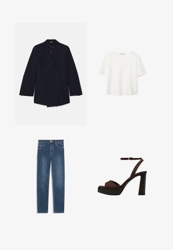 Mornarsko moder blazer s klasičnim revere ovratnikom, dvema sprednjima žepoma in dvorednim zapenjanjem z enim gumbom. Gladka tekstura.; Bela kratka majica s kratkimi rokavi iz bombaža. Ima okroglo izrezovanje in sproščen kroj. Gladka tekstura brez vidnih vzorcev ali poudarkov.; Temno modri jeans z ravnim krojem, petimi žepi, diskretnimi šivi in kovinskim gumbom v pasu.; Rjave semiš sandale z visoko peto, odprto spredaj, z nastavljivim gležnjenjem in črtastim podplatom.