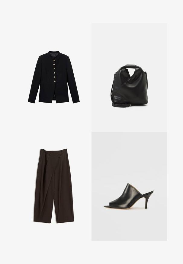 Čierna bunda s vysokým golierom, ktorá má sedem zlatých gombíkov na prednej strane, priliehavý strih, hladkú textúru a upravenú siluetu.; Biele tričko s krátkym rukávom z jemnej bavlnenej tkaniny, s okrúhlym výstrihom a uvoľneným strihom so rovnými okrajmi, jednoduché bez vzorov alebo grafiky.; Tmavohnedé široké nohavice s vysokým pásom, s jedným gombíkom a záhybmi vpredu. Vyrobené z ľahkej textílie.; Čierne kožené otvorené muly s elegantným, zakriveným dizajnom, vysokým stiletto opätkom a hladkou textúrou. Interiér má kontrastnú svetlú farbu.; Čierna, mäkká kožená taška s jedinečným zavinutým dizajnom. Disponuje krátkym uškom a odnímateľným ramenným popruhom. Minimalistický štýl.