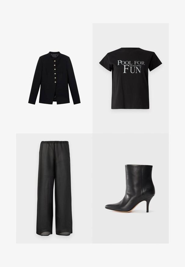 Črna jakna z visokim ovratnikom, ki ima sedem zlatih gumbov spredaj, prilegajoča se zasnova, gladka tekstura in krojena silhueta.; Črna bombažna majica s kratkimi rokavi in krožnim izrezom, ki prikazuje besedilo "POOL FOR FUN" v srebrni barvi, skupaj z logotipom "MM6 Maison Margiela".; Črne široke hlače iz lahkotnega, polprozornega materiala z elastičnim pasom. Oblikovanje ponuja tekočo in sproščeno silhueto.; Črne usnjene gležnjarje s koničastim nosom, ozkim stiletto peto in gladko teksturo. Minimalističen dizajn brez vidnih kovinskih delov ali dekoracij.