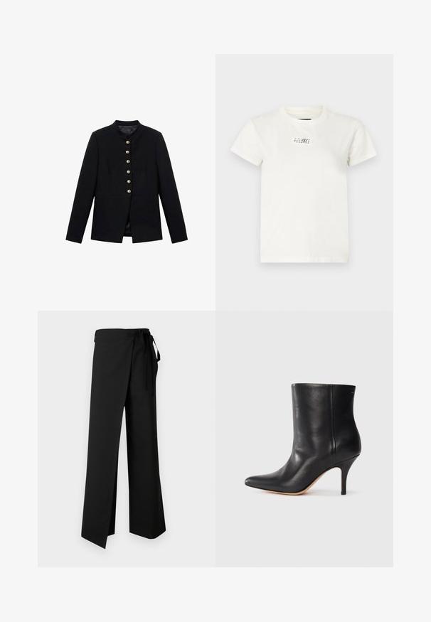 Schwarze Jacke mit hohem Kragen, ausgestattet mit sieben goldenen Knöpfen an der Vorderseite, enganliegendem Design, glatter Textur und maßgeschneiderter Silhouette.; Weiße Baumwoll-T-Shirt mit kurzen Ärmeln, Rundhalsausschnitt und einem rechteckigen schwarzen Drucklabel auf der Vorderseite, das Zahlen und Symbole zeigt.; Schwarze Hosen mit weitem Bein und Bindegürtel, mit glatter Textur und vorderem Schlitz, entworfen für Komfort und Bewegungsfreiheit.; Schwarze Leder-Ankle Boots mit spitzem Zeh, schlankem Stiletto-Absatz und glatter Textur. Minimalistisches Design ohne sichtbare Beschläge oder Akzente.