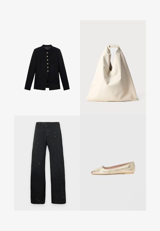 Jachetă neagră cu guler înalt, cu șapte nasturi aurii pe față, design ajustat, textură netedă și siluetă croit.; Tricou negru cu mânecă scurtă, fabricat din bumbac. Are un guler tip crew și o croială lejeră. Eticheta de la guler spune „WEEKDAY”.; MM6 Maison Margiela PANTS - Blugi loose fit - black; Balerini metalice aurii cu un finisaj neted, vârful migdalat și un mic detaliu cu fundiță în față. Acestea au o talpă interioară de nuanță deschisă și un toc minim.; Geantă bej, cu textură moale, având un mâner unic răsucit și detaliu cu cusătura diagonală. Design minimalist cu un accent rotund la bază.