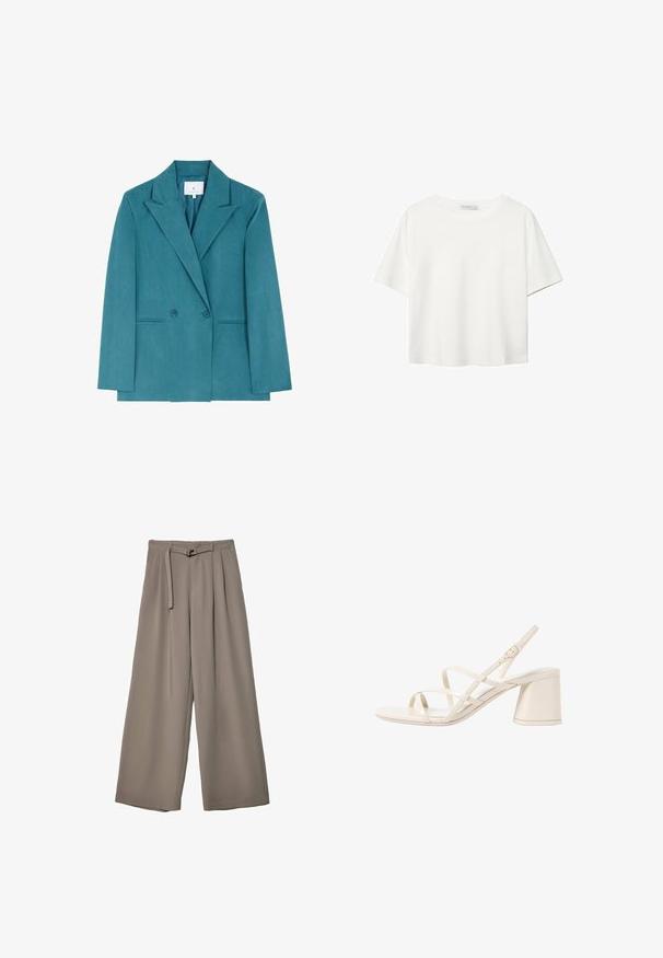 Scalpers Blazer - duck; T-shirt bianco a maniche corte realizzato in cotone. Presenta un collo tondo e una vestibilità rilassata. Texture liscia senza motivi o dettagli visibili.; Pantaloni a gamba larga in un morbido tessuto grigio tenue, con vita con cintura e pieghe per un tocco di design aggiuntivo. Texture liscia, senza motivi.; Sandali con tacco beige con cinturini, punta aperta arrotondata e tacco medio a blocco. Caratterizzati da una cinghia alla caviglia regolabile e una finitura liscia e lucida.