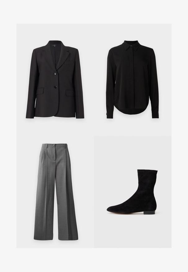 Fekete blazer, rajzos hajtókával, egygombos záródással, két elülső zsebbel és sima szövet textúrával. Klasszikus szabású dizájn.; Fekete hosszú ujjú blúz hegyes gallérral, rejtett gombsorttal és ívelt aljjal egy sima fehér háttér előtt.; Szürke, széles lábú nadrág texturált anyagból, finom mintával. Elöl redőkkel és övlyukakkal ellátott derékkal rendelkezik.; Fekete velúr bokacsizma, illeszkedő szárral, hegyes orral és alacsony blokk sarokkal. Simább felület és minimalista dizájn, amely sokoldalú stílushoz megfelelő.