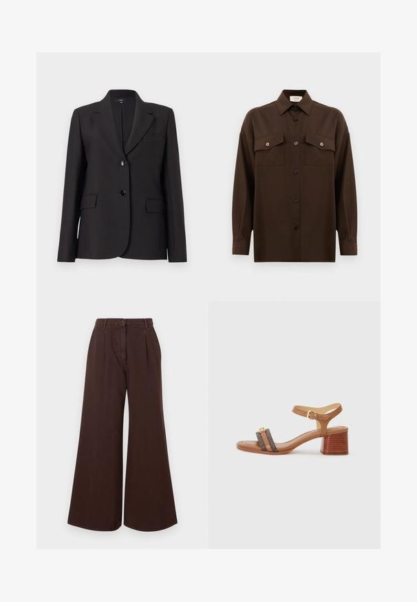 Blazer noir avec un col cranté, fermeture à un bouton, deux poches avant et une texture de tissu lisse. Design classique et ajusté.; Chemise à manches longues brun foncé avec boutons, dotée de deux poches poitrine à rabat et d'un col classique, présentée sur un fond blanc uni.; Pantalons marron à taille haute et jambes larges avec fermeture à bouton et zipper, passants de ceinture et plis sur le devant.; Sandale à talon beige avec un bout carré, deux brides marron foncé et une boucle dorée. Elle présente un talon en bloc empilé et une texture en cuir lisse.