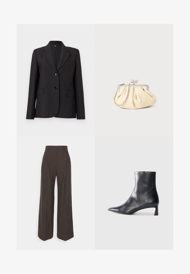 Sort blazer med spids revers, enkelt knaplukning, to frontlommer og glat stofstruktur. Klassisk skræddersyet design.; Hvid, stribet T-shirt med kortærmer og rund hals. Stoffet ser glat ud med en tætsiddende silhuet. Brandingmærke synligt ved kraven.; Mørkebrune brede bukser med høj talje, der har pænt pressede folder, glat overflade og en skræddersyet pasform.; Sort læder ankelstøvle med spids tå og et strømlinet design. Har en lav hæl og en lynlås lukning bagpå. Glat tekstur.; Plisseret beige læderclutch med en sølvmetalramme, der har to runde dekorative låse og en sølvkædetrasporte.