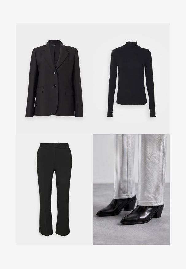 Schwarze Blazer mit schmalem Revers, Ein-Knopf-Verschluss, zwei vorderen Taschen und glatter Stofftextur. Klassisches, tailliertes Design.; Schwarz, langärmliges Turtleneck-Oberteil aus glattem Material, mit einem gerafften Kragen und einer enganliegenden Silhouette mit einfachen Kanten.; Schwarze, maßgeschneiderte Hose mit geradem Bein, ausgestattet mit Gürtelschlaufen und Seitentaschen. Hergestellt aus glattem Stoff mit sauberem Finish.; Schwarze Leder-Stiefeletten mit spitzem Zehenbereich und Blockabsatz, kombiniert mit glänzenden silbernen Hosen, die elegante Texturen und kontrastierende Farben zur Geltung bringen.