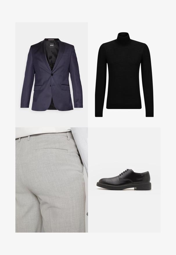 Mornarsko krojen blazer z enim gumbom, dvema sprednjima žepoma in gladko teksturo. Notranjost ima vzorčasto črno podlogo in blagovno znamko.; Črna turtleneck pulover iz mehkega materiala, z dolgimi rokavi in tesnim prileganjem. R ibana obroba na robu in rokavih. Preprosta zasnova.; Svetlo sive hlače po meri iz teksturirane tkanine, z enim zadnjim žepom in čistim šivom.; Črne usnjene čipkaste čevlje z zaobljenim nosom, gladko teksturo, minimalnim šitjem in nizkim gumijastim peto. Logo na peti.