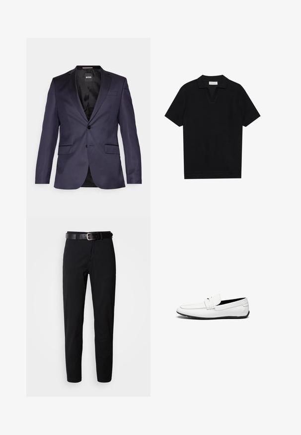 Blazer personalizado azul-marinho com um único botão, dois bolsos frontais e uma textura suave. O interior apresenta um forro preto com padrão e uma marca.; Polo preto de manga curta com tecido texturizado e canelado, apresentando um decote em V e uma bainha reta. Sem logótipos ou padrões visíveis.; Calças pretas de corte reto, com uma textura suave e um cinto de couro preto com fivela prateada. Design simples, sem padrões ou acentos.; Mocassins brancos em couro com um acabamento suave, apresentando um detalhe costurado, um bico arredondado e uma sola de borracha preta para melhor aderência.