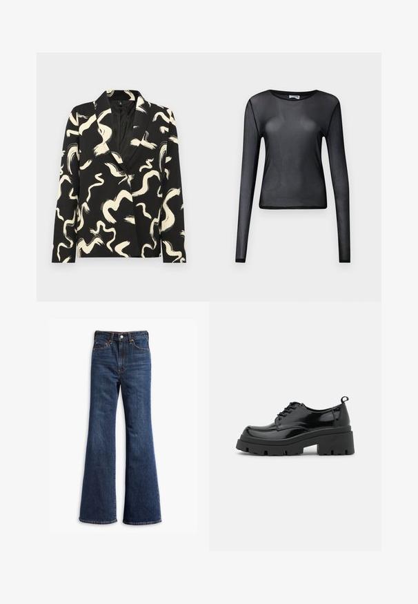 Blazer preto com padrão abstrato em pinceladas creme, apresentando colarinho chalé, fecho de um botão e tecido texturizado.; Top preto de mangas longas feito de material transparente, com decote redondo e corte justo, com bainhas delicadamente acabadas.; Jeans de ganga escura de cintura alta com pernas largas, fecho de botão e zipper na frente, e design de cinco bolsos.; Sapatos pretos deverniz com uma sola de plataforma chunky e cadarços grossos. Bico arredondado, detalhes mínimos e uma pequena aba no calcanhar.