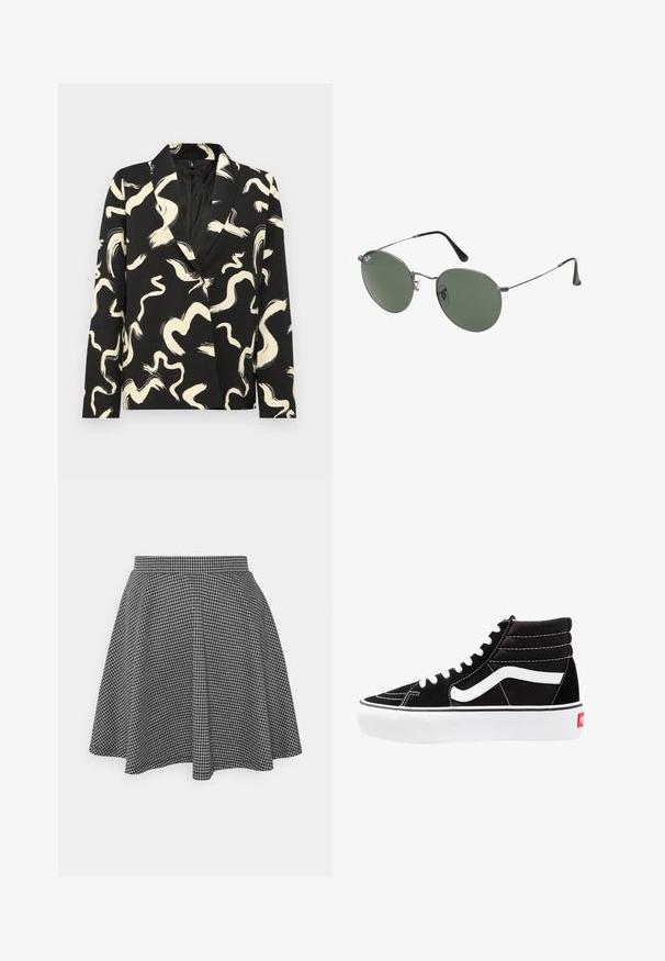 Fekete blézer krémszínű absztrakt ecsetvonás mintával, sálgallérral, egysoros gombolással és texturált anyaggal.; Két ujjatlan felső fekete és fehér színben, bordás pamutból készült, kerek nyakkivágással és testhez simuló fazonnal. Mindkettőn látható címke.; Fekete-fehér kockás korcsolyás szoknya, fitted derékrésszel és bővülő alsó résszel, textúrált anyagból készült, amely klasszikus mintázatot mutat.; Fekete magasszárú sportcipők fehér fűzővel, fehér logóval és kontrasztos fehér varrással. Vastag fehér talppal és texturált velúrból készült felsőrész jellemzi.; Fémkeretes napszemüveg ovális zöld lencsékkel. Vékony ezüst színű fémkeret és fekete fülrész. Minimalista dizájn, látható logók nélkül.