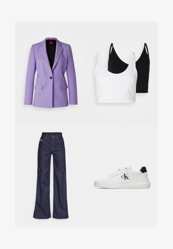 HUGO ATANA 2 - Blazer - open purple; Zwei Baumwoll-Crop-Tops in Weiß und Schwarz. Jedes hat einen tiefen Ausschnitt und dünne Träger und verfügt über eine glatte, weiche Textur.; Dunkelblaue weite Jeans aus Denimstoff mit hoher Taille, ausgestattet mit orangefarbenen Nähten, fünf Taschen und einem Knopfverschluss.; Weiße Low-Top-Sneaker mit schwarzem Fersenpatch, Plateau-Sohle, Schnürsenkeln und Calvin Klein "CK"-Logo an der Seite.