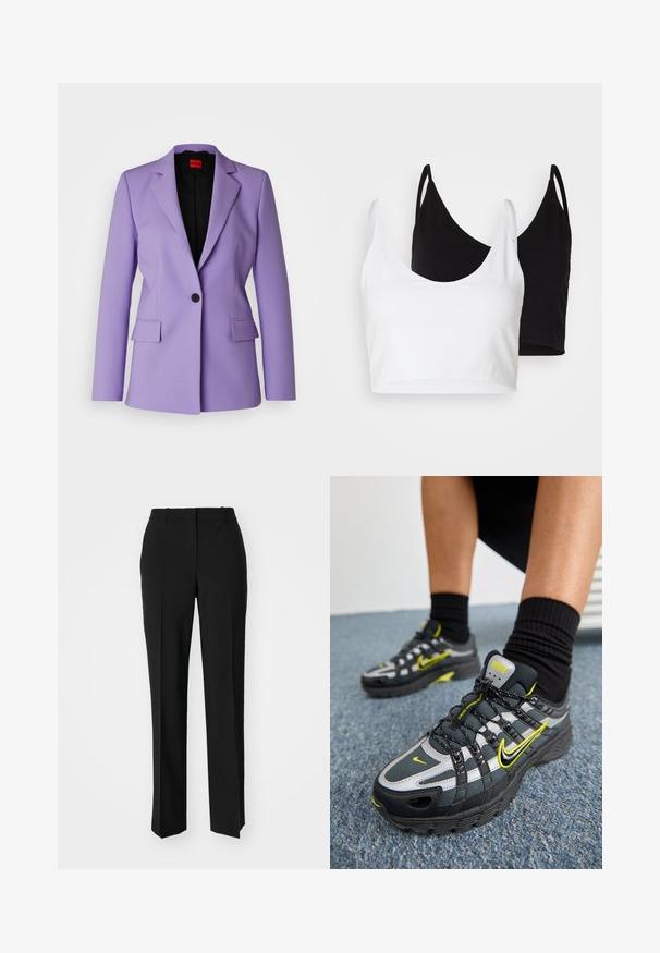 HUGO ATANA 2 - Blazer - open purple; Deux tops courts en coton, l'un blanc et l'autre noir. Chacun a un décolleté plongeant et des fines bretelles, offrant une texture lisse et douce.; Pantalon noir ajusté avec une coupe droite, présentant une texture lisse et des plis nets sur le devant. Aucune quincaillerie visible.; Chaussures de sport noires et grises avec des accents argentés réfléchissants, des panneaux en maille texturée et des détails en jaune vif. Design à lacets avec une semelle structurée.