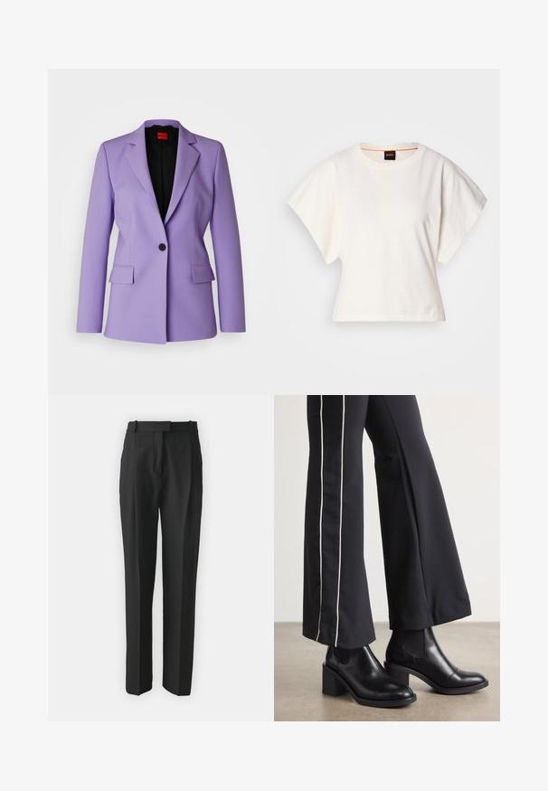 HUGO ATANA 2 - Blazer - open purple; T-shirt blanc cintré, manches courtes et larges, en coton doux, décolleté rond avec une discrète bordure orange, design minimaliste, sans motifs ni graphiques.; Pantalons noirs ajustés en tissu léger, avec une coupe droite, un devant plat et des passants de ceinture. Texture lisse sans motifs visibles.; Bottines en cuir Noir avec un talon bloc, dotées de panneaux élastiques sur les côtés. Associées à un pantalon noir avec une rayure blanche sur le côté.