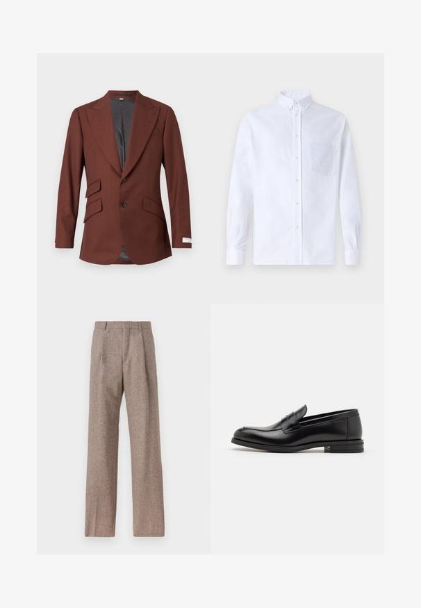 Brauner, taillierter Blazer aus strukturiertem Stoff, mit einem Reverskragen, zwei Fronttaschen und einem einreihigen Knopfverschluss mit Innenfutter.; Weißes Langarm-Hemd mit Knöpfen aus Baumwolle, ausgestattet mit einer Brusttasche mit tonalem Stickerei, einem Kragen und Knopfmanschetten.; Braune, hochtaillierte Hose aus strukturiertem Stoff. Mit weitem Bein und zwei vorderen Bügelfalten für zusätzliche Form. Saubere Verarbeitung ohne sichtbare Hardware.; Schwarze Lederloafers mit glatter Textur, rundem Zehenbereich und einem dekorativen Riemen über dem Vorderfuß. Niedriger, gestapelter Absatz, minimalistisches Design.