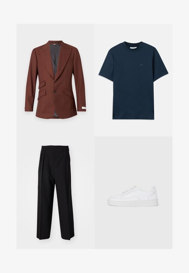 Brown tailored blazer made of textured fabric, featuring a notched lapel, two front pockets, and a single button closure with inner lining.; Navy blue cotton t-shirt with a crew neck, short sleeves, and a subtle logo printed on the chest. Smooth texture and classic fit.; Black pleated trousers with a straight, wide-leg design. Made from smooth fabric, featuring a button closure and belt loops.; White low-top sneaker with lace-up front, smooth upper, and rubber sole on plain light background.