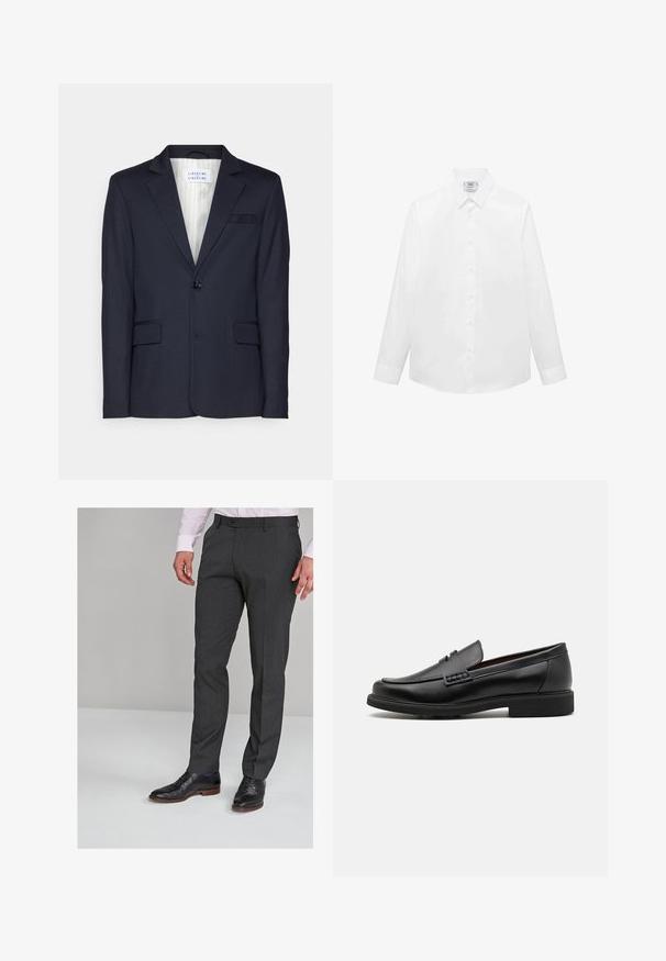 Blazer blu navy realizzato in tessuto texturizzato, dotato di chiusura a un bottone, due tasche frontali e design con revers a punta.; Camicia bianca a maniche lunghe realizzata in tessuto liscio, con colletto classico, chiusura frontale a bottoni e orlo curvo. Design minimalista senza motivi.; Pantaloni grigi su misura con una texture liscia, dotati di una parte frontale piatta e passanti per cintura, abbinati a scarpe eleganti nere.; Mocassini sintetici neri con una spessa cucitura frontale, soletta imbottita e suola piatta in gomma; design elegante con dettagli minimi.