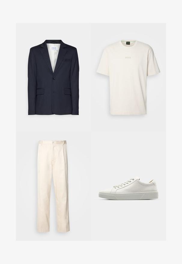 Mornarska blazer jakna iz teksturiranega materiala, z enim gumbom za zapiranje, dvema sprednjima žepoma in urezanim ovratnikom.; BOSS TEE - Navadna majica - open white; Bež cottone hlače s ravnim krojem, ki imajo gumbasto zapiranje in nabore spredaj za dodatne detajle.; Bela usnjena tenisačka obutev s zaobljenim nosom, minimalističnim dizajnom, sivozelenimi vezalkami in teksturiranim sivo gumijastim podplatom. Opazne diskretne šivalne podrobnosti.