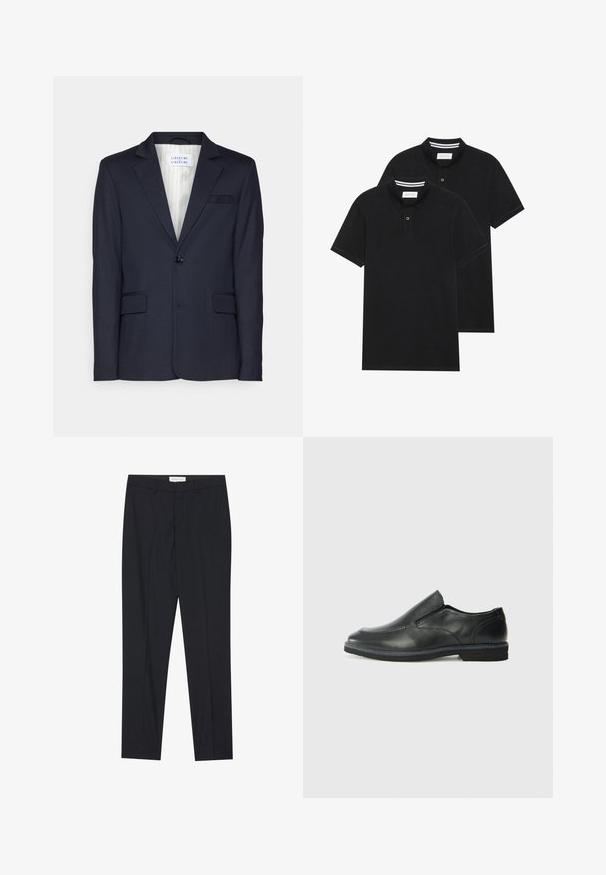 Ναυτικό σακάκι από υφαντό ύφασμα, με κλείσιμο με ένα μόνο κουμπί, δύο μπροστινές τσέπες και σχέδιο με προγλωττισμένο πέτο.; Δύο μαύρα πόλο πουκάμισα, κοντομάνικα, από βαμβακερό υλικό, με κλασικό γιακά, πατιλέτα με δύο κουμπιά και λευκές ριγέ λεπτομέρειες μέσα στον γιακά.; Μαύρο σατέν παντελόνι με flat μπροστινό μέρος, κανονική γραμμή, κατασκευασμένο από λείο ύφασμα, με πιέτες και πλαϊνές τσέπες.; Μαύρο δερμάτινο παπούτσι χωρίς κορδόνια με λείο επάνω μέρος, ραφές, στρογγυλή μύτη και χαμηλό λάστιχο τακούνι. Η σόλα διαθέτει ελάχιστο σχέδιο.