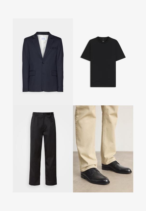 Marineblazer aus strukturiertem Stoff, mit einem Ein-Knopf-Verschluss, zwei Fronttaschen und einem Revers mit Einschnitten.; Schwarz T-Shirt mit kurzen Ärmeln aus einem glatten Baumwollmix, mit Rundhalsausschnitt und einem minimalistischen Design ohne Muster oder Akzente.; Schwarze Hosen aus glattem Stoff, mit einem Knopfverschluss vorne, Falten und geraden Beinen. Keine sichtbaren Muster oder Akzente.; Schwarze Leder Schnürschuhe mit runder Zehenform, glatter Oberfläche und dezenten Nähdetails, getragen mit hellbeigen Hosen.