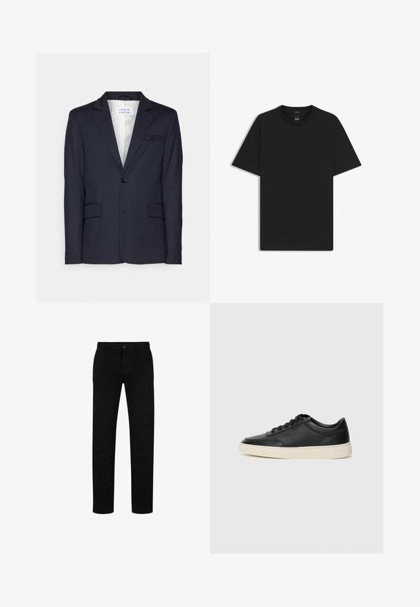 Navy blazer made from textured fabric, featuring a single button closure, two front pockets, and a notched lapel design.; Black short-sleeve T-shirt made from a smooth cotton blend, featuring a crew neckline and a minimalistic design with no patterns or accents.; Black cotton trousers with a straight fit, featuring a button closure, belt loops, and minimalistic design. Smooth texture, no patterns.; Black low-top leather sneaker with black laces and off-white sole shown in side profile on white background.