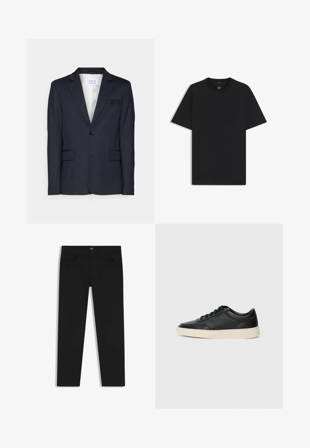 Blazer blu navy realizzato in tessuto texturizzato, dotato di chiusura a un bottone, due tasche frontali e design con revers a punta.; Maglietta nera a maniche corte realizzata in un morbido misto cotone, con scollatura a girocollo e un design minimalista senza motivi o dettagli.; Pantaloni in denim nero con taglio dritto, dotati di vita standard, cinque tasche e chiusura con bottone. Texture liscia su tutta la superficie.; Sneaker in pelle nera a basso profilo con lacci neri e suola avorio, mostrato di profilo su sfondo bianco.