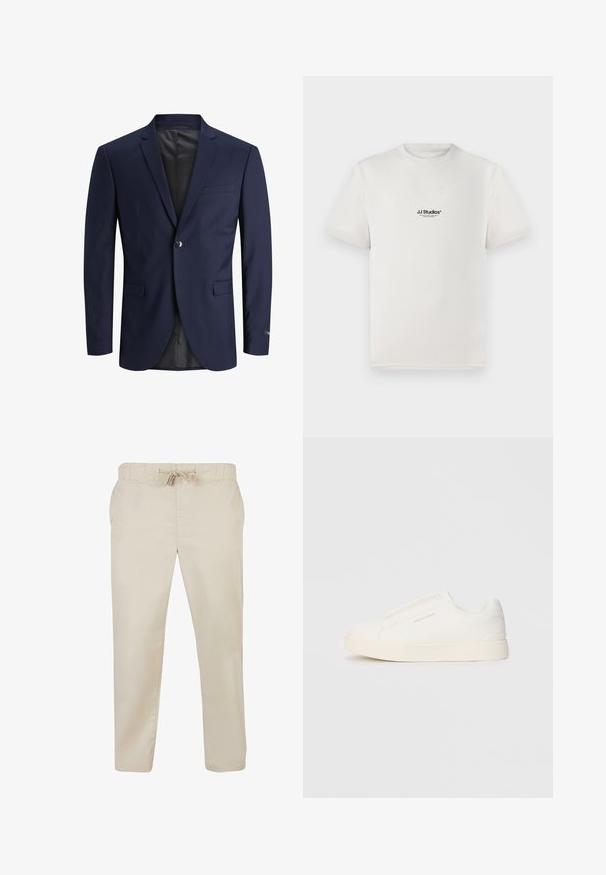 Sötétkék blézer sima anyagból, két gombos záródással, nyeregtükrös gallérral, mellzsebre, valamint két elülső hajtott zsebbel.; Fehér pamut póló rövid ujjakkal, a mellkasán fekete "JJ Studios" logóval. Kerek nyakú és standard fit kialakítás.; Bézs színű pamut nadrág rugalmas derékkal és húzózsinórral. Egyenes szabású, sima textúrájú, oldalzsebes.; Fehér slip-on sportcipők texturált felülettel, vastag talppal és minimalista dizájnnal. Az oldalon a márka logója található.