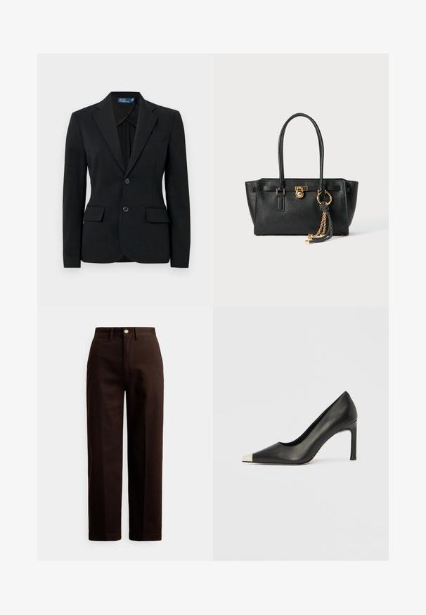 Černé sako na míru z texturované látky s klopovým límcem, dvěma předními kapsami a zapínáním na dva knoflíky. Čisté linie a klasický design.; Svetr s vysokým límcem v světle béžové barvě, vyrobený z hladkého, měkkého úpletu. Má dlouhé rukávy a přiléhavý střih s žebrovaným lemem.; Tmavě hnědé kalhoty rovného střihu s knoflíkovým a zipovým zapínáním, poutky na pásek a předními kapsami na bílém pozadí.; Černá kožená lodička na vysokém podpatku s špičatou špičkou a stříbrnou kovovou špičkou. Má hladký povrch a štíhlý 10cm podpatek.; Černá kožená kabelka s dvojitými uchy, zlatým zámkem a řetízkem, a černo-bílým třásňovým doplňkem na bílém pozadí.