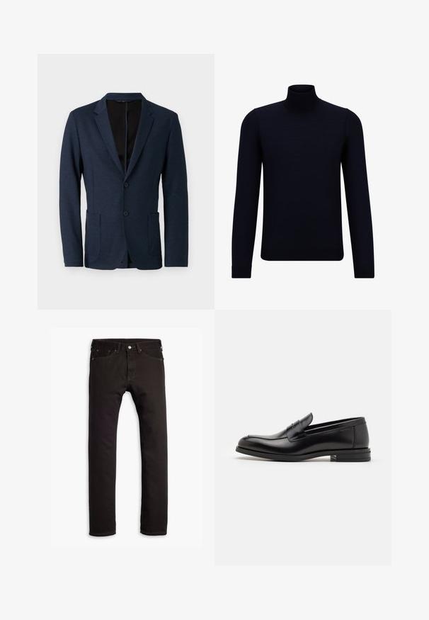 Marineblauwe blazer van textuurstof, met een gelapte kraag, twee knopen en twee voorzakken. Open aan de voorkant.; Diep marineblauwe coltrui gemaakt van fijn breiwerk, met lange mouwen en een aansluitende, hoge halslijn. Geen zichtbare patronen of accenten.; Zwarte slim-fit jeans met vijf zakken en knoopsluiting, plat weergegeven op een witte achtergrond.; Zwarte leren instappers met een gladde textuur, ronde neus en een decoratieve band over de wreef. Lage, gestapelde hak en minimalistisch ontwerp.