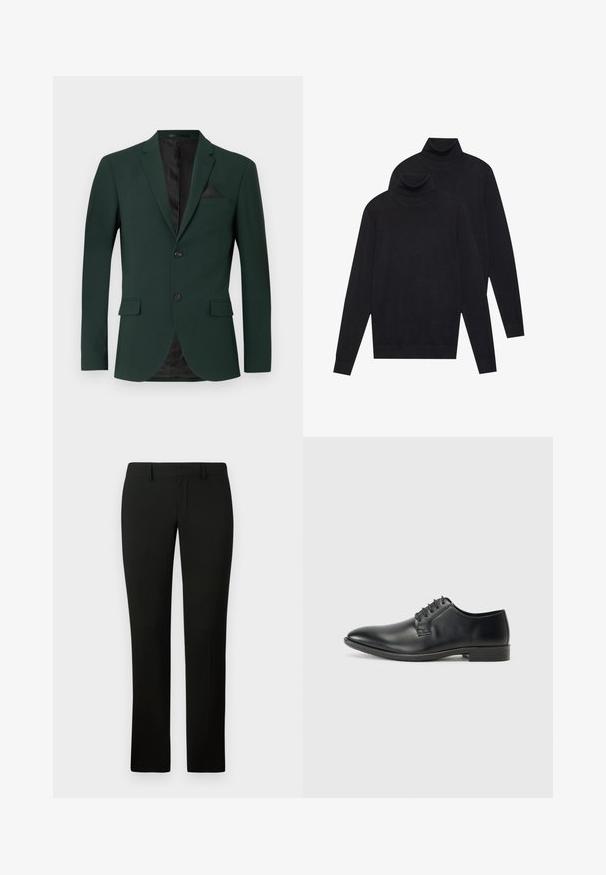 Donkergroene blazer met twee knopen, met opstaande revers en een enkele borstzak. Het interieur heeft een zwarte voering. Soepele stoftextuur.; Twee zwarte, lange mouwen coltruien, eenvoudig gebreid, gestapeld met de één iets achter de ander op een witte achtergrond.; Zwarte broek met een getailleerde pasvorm, met een gladde textuur en een rechte pijpdesign. De tailleband heeft riemlussen en een nette afwerking.; Zwarte leren nette schoen met een glad oppervlak, veterontwerp, spits toelopende neus en een rubberen zool met laag profiel. Minimalistische vorm en accenten.