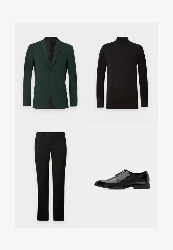 Dark green blazer with two buttons, notched lapels, and a single chest pocket. Interior features a black lining. Smooth fabric texture.; Black turtleneck sweater in a soft knit fabric. Features long sleeves and a fitted design with a ribbed collar and hem. Minimal branding.; Black trousers with a tailored fit, featuring a smooth texture and straight leg design. The waistband has belt loops and a clean finish.; Black patent leather dress shoe with a rounded toe, lace-up design, and smooth, shiny surface. Features a low-profile rubber sole.