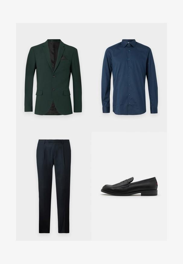 Donkergroene blazer met twee knopen, met opstaande revers en een enkele borstzak. Het interieur heeft een zwarte voering. Soepele stoftextuur.; Marineblauwe langarm overhemd met knopen, gemaakt van een gladde stof. Heeft een klassieke kraag, een voorflap met bijpassende knopen en manchetten met knopen.; Zwarte geklede broek van gladde stof, met een slim fit ontwerp, twee plooien aan de voorkant en een vlakke tailleband zonder zichtbare beslag.; Zwarte leren instappers met een gladde afwerking, ronde neus en een kleine decoratieve flap. Heeft een lage gestapelde hak en een subtiel merkteken.