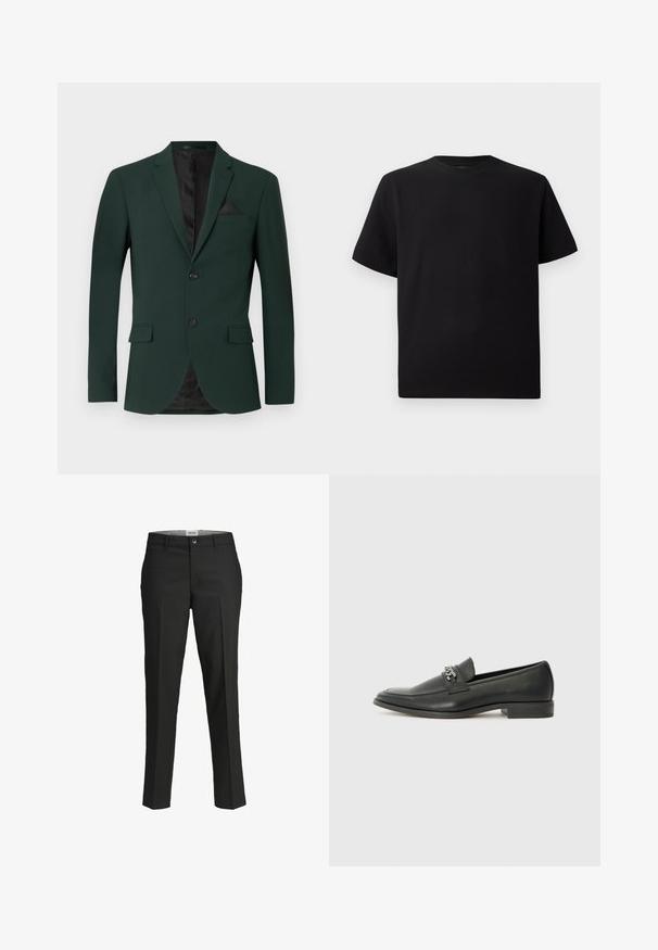 Dark green blazer with two buttons, notched lapels, and a single chest pocket. Interior features a black lining. Smooth fabric texture.; Black short-sleeve T-shirt made of textured fabric, featuring a round neckline and a relaxed fit. Simple, no patterns or accents.; Black trousers, tailored fit, smooth fabric, mid-rise waist, front button closure, diagonal pockets, and crease detailing down the legs.; Black leather loafer with a smooth finish, featuring a stitched design and a decorative metal chain accent across the vamp. Flat heel.