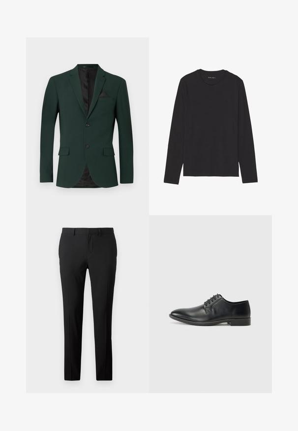 Temnozeleni blazer z dvema gumboma, zarezanimi klapnicami in eno žepom na prsih. Notranjost je obložena s črno podlogo. Gladka tekstura tkanine.; Črna majica z dolgimi rokavi, izdelana iz mehkega blaga. Ima okroglo ovratnico in preprost dizajn brez vzorcev ali okraskov.; Prilagojene črne hlače v gladkem materialu. Imajo ravno krojenost, sprednje klešče in zanke za pas za prilagodljivo velikost.; Črne usnjene čevlje na vezalke z gladko površino, koničastim nosom in nizkim blokastim petami. Imajo pet parov lukenj za vezalke.