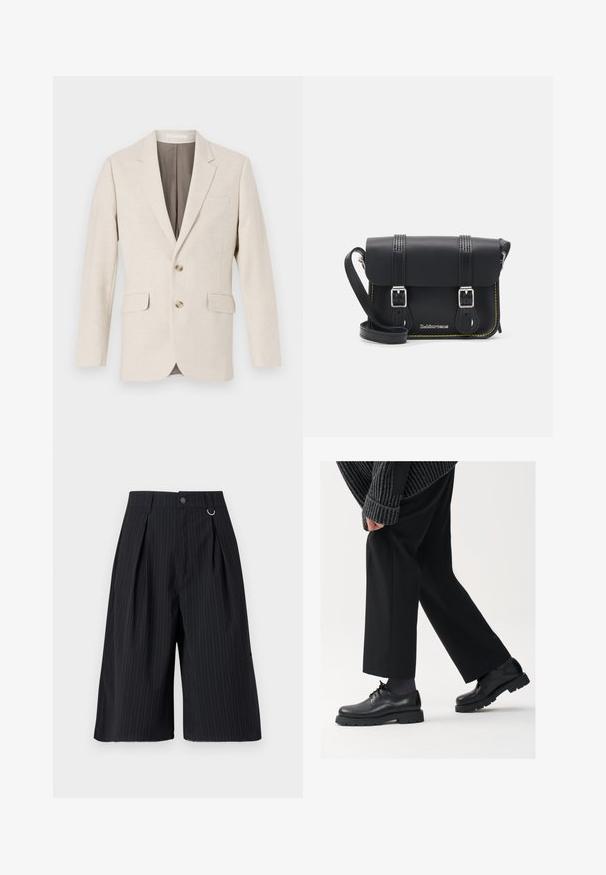 Világos bézs vászon blézer, kifordított hajtókával, két elülső zsebbel és két gombbal. Belseje kontrasztos barna bélésű. Sima textúra.; Világoskék, hosszú ujjú ing sima anyagból, gombos elülső résszel, hegyes gallérral és normál szabással.; Fekete csíkozott nadrágshort, redőkkel, gombos záródással és fémbetéttel. Simás anyagú, testhezálló fazon és térd hosszúságú dizájn.; Fekete bőr cipők kerek orral, fűzős kialakítással és vastag, texturált talppal. Öltönyös fekete nadrággal és bordázott pulóverrel viselve.; Fekete bőr keresztbody táska hajtóka, két ezüst csattal, sárga varrással és állítható pánttal. Simább textúrával és kompakt formatervezéssel rendelkezik.