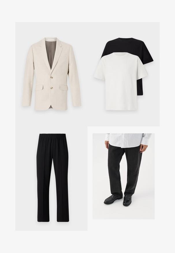 Gai bēšs lina žakete ar izgriezumu, divām priekšējām kabatām un divām pogām. Iekšpusē ir kontrastējoša brūna odere. Gluda tekstūra.; Kokvilnas T-kreklu komplekts, kas sastāv no melna un baltā T-krekla, abi ar īsām piedurknēm, apaļu kakla izgriezumu un standarta piegriezumu. Faktūras audums.; Melni elastīgi bikses ar taisnas kājas dizainu, ar gludu tekstūru un bez redzamām zīmēm vai detaļām.; Melni džinsi apvienoti ar spīdīgiem melniem loafers. Krekls ir balts ar plānām vertikālām svītrām, ar garām piedurknēm un pogājamu apkakli.