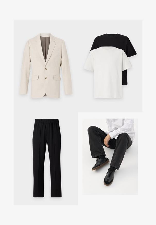 Helles beiges Leinenblazer mit Notch-Revers, zwei vorderen Taschen und zwei Knöpfen. Innen mit einem kontrastierenden braunen Futter. Glatte Textur.; Baumwoll-T-Shirt-Set bestehend aus einem schwarzen Oberteil und einem weißen Oberteil, beide mit kurzen Ärmeln, Rundhalsausschnitt und normaler Passform. Texturiert.; Schwarze, Gummibund-Hosen mit geradem Schnitt, die eine glatte Textur aufweisen und keine sichtbaren Muster oder Beschläge haben.; Schwarze Sneakers mit einer glatten und strukturierten Oberfläche, ausgestattet mit einer Gummisohle und dunklen Schnürsenkeln. Kombiniert mit schwarzen Jeans und einem gestreiften weißen Hemd.