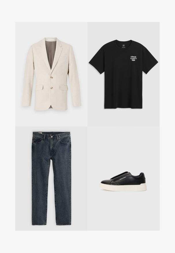 Helles beiges Leinenblazer mit Notch-Revers, zwei vorderen Taschen und zwei Knöpfen. Innen mit einem kontrastierenden braunen Futter. Glatte Textur.; Schwarzes Baumwoll-T-Shirt mit einem Brustdruck, der in einer weißen, stilisierten Schrift "HAUSPFLANZEN" und darunter "Levi's" zeigt. Klassischer Rundhalsausschnitt.; Dunkelblaue Jeans aus Denim mit geradem Bein, fünf Taschen und einem Knopfverschluss. Der Stoff weist eine subtile Ausbleichung und Textur auf.; Schwarzer Schlupfschuh aus strukturiertem Lederobermaterial, mit weißer Gummisohle und ohne sichtbare Schnürsenkel. Mit Markenlogo an der Seite.