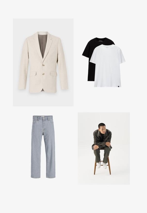 Blazer in lino beige chiaro con rever, due tasche frontali e due bottoni. Interno con una fodera marrone a contrasto. Texture liscia.; Due magliette a taglio regolare, una nera e una bianca, realizzate in cotone. Ognuna ha un collo tondo e maniche corte. Design semplice, senza motivi.; Jeans in denim azzurro chiaro con vestibilità rilassata, design a gamba dritta, cuciture visibili, due tasche frontali e chiusura con bottone.; Giacca di pelle marrone con un ampio colletto, abbinata a jeans verde scuro e sneaker bianche. Il modello è seduto su uno sgabello di legno.