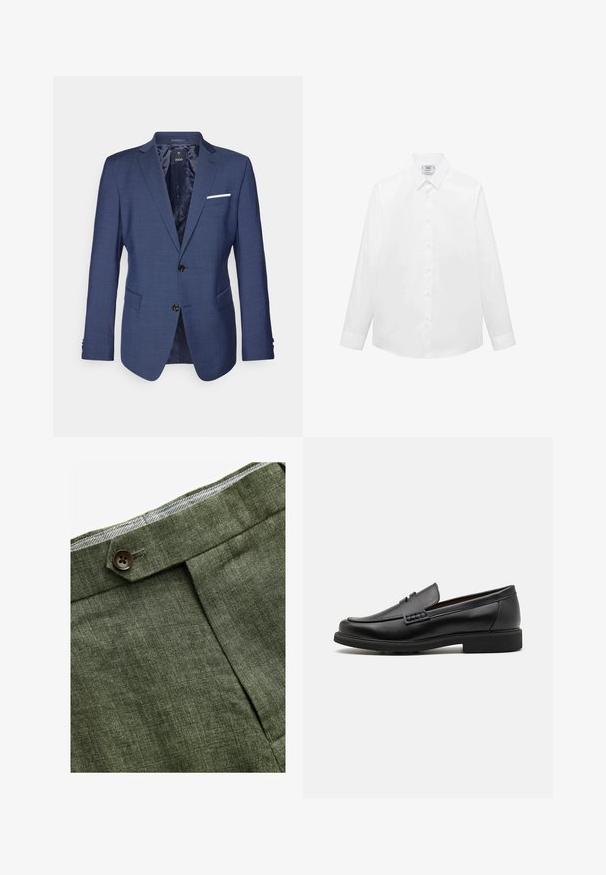 Marineblauwe blazer met gestructureerd ontwerp, twee knopen, gekliefde revers en een borstzak met een witte accenten. Textielafwerking met textuur.; Witte langlopende shirt met lange mouwen, gemaakt van gladde stof, met een klassieke kraag, knoopsluiting en een gebogen zoom. Minimalistisch ontwerp zonder patronen.; Olijf groene linnen broek met een voorplooi, voorzien van een knoopsluiting en een contrasterende geruite voering bij de tailleband.; Zwarte synthetische loafers met een opvallende gestikte voorkant, gevoerde binnenzool en platte rubberen buitenzool; slank ontwerp met minimale details.