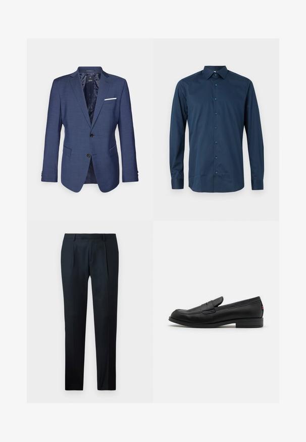 Laivo mėlynos spalvos švarkas su struktūrizuotu dizainu, dviem mygtukais, įstrižais atvartais ir krūtine kišeniu su baltu akcentu. Tekstūruoto audinio apdaila.; Tamsiai mėlynas, ilgomis rankovėmis, marškiniai su mygtukais, pagaminti iš lygios medžiagos. Yra standartinė apykaklė, priekinė mygtukų juosta su atitinkamais mygtukais ir rankogalių dizainas.; Juodi pritaikyti kelniai, pagaminti iš lygaus Audinio, su lieknu siluetu, dviem priekiniais klostėmis ir plokščiu liemeniu be matomų detalių.; Juodos odinės loafers' tipo bateliai su lygia apdaila, apvalia nosimi ir maža dekoratyvine kišenėle. Turi žemą sukrauto kulno ir subtilų prekės ženklo detalę.