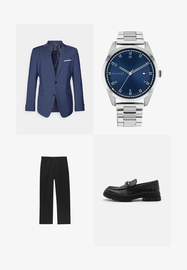 Marineblaues Blazer mit strukturiertem Design, zwei Knöpfen, eingekerbten Revers und einer Brusttasche mit weißen Akzenten. Texturierte Stoffoberfläche.; Set aus acht schwarzen Baumwoll-T-Shirts mit kurzen Ärmeln und Rundhalsausschnitten, die ein schlichtes Design und eine weiche Textur aufweisen.; Schwarze Hose mit geradem Schnitt, aus einem glatten Stoff gefertigt. Verfügt über Vorderfalten und einen einzelnen Knopfverschluss an der Taille.; Schwarzer Lederloafer mit runder Zehenform, einem dekorativen Riemen und Hardware sowie einer robusten, strukturierten Sohle. Glatte Oberfläche mit dezenten Details.; Silberne Metall-Uhr mit einem gebürsteten blauen Zifferblatt, weißen Stundenmarkierungen und einem Datumsanzeiger. Verfügt über ein verlinktes Metallarmband und ein Markenlogo.