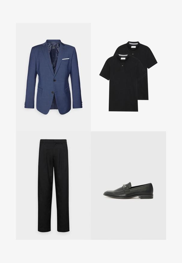 Temno modra blazerja z oblikovano zasnovo, dvema gumboma, zareznimi reverji in žepom na prsih z belim poudarkom. Teksturna tkanina.; Dve črne polo majice, kratke rokave, iz bombažnega materiala, z klasik ovratnikom, dvobodno zaponko in belimi črtkami znotraj ovratnika.; Črne hlače iz gladkega materiala, s krojem ravne noge, dvema sprednjima pregiboma in standardnim pasom z zankami za pas.; Črni usnjeni loafer z gladko površino, ki ima šivano zasnovo in dekorativni kovinski verižni naglas preko vampirja. Ravno peto.
