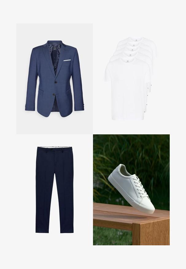 Granatowa marynarka o strukturalnym designie, z dwoma guzikami, klapami w kształcie litery V i kieszenią na piersi z białym akcentem. Teksturowana powierzchnia materiału.; Białe koszulki z krótkim rękawem ułożone w stos, wykonane z bawełny. Posiadają okrągły dekolt i prosty krój. Materiał wydaje się gładki, bez wzorów.; Granatowe spodnie o dopasowanym kroju z prążkowanym wzorem. Posiadają zamek błyskawiczny, szlufki na pasek oraz kieszenie z przodu. Gładka faktura materiału.; Białe sneakersy sznurowane unoszące się nad drewnianą ławką z zielonymi liśćmi w tle, ukazujące wzór i teksturę buta.