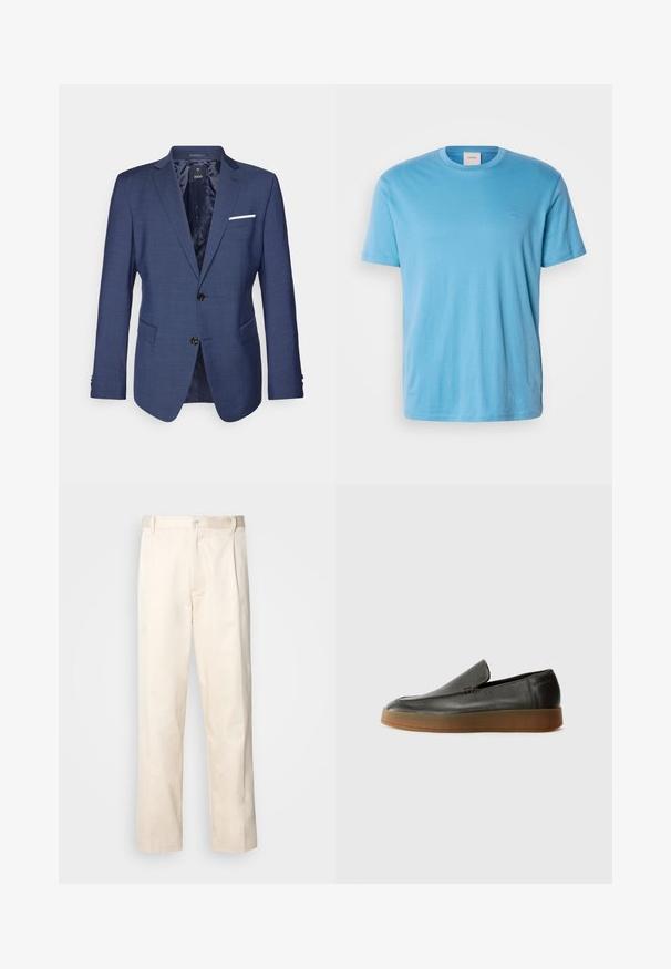 Sötétkék blézer struktúrált kialakítással, két gombbal, kerekített hajtókákkal és egy fehér kiemeléssel ellátott mellzsebbel. Texturált anyagú felület.; Világoskék, rövid ujjú, pamut póló kerek nyakkivágással és egy kis, hímzett logóval a mellkason. Simaság jellemzi, szabványos fazonú.; Beige pamut nadrág egyenes szárú kivágással, gombos záródással és elülső redőkkel a részletek fokozása érdekében.; Calvin Klein HYBRID CUP - Belebújós cipők - after dark