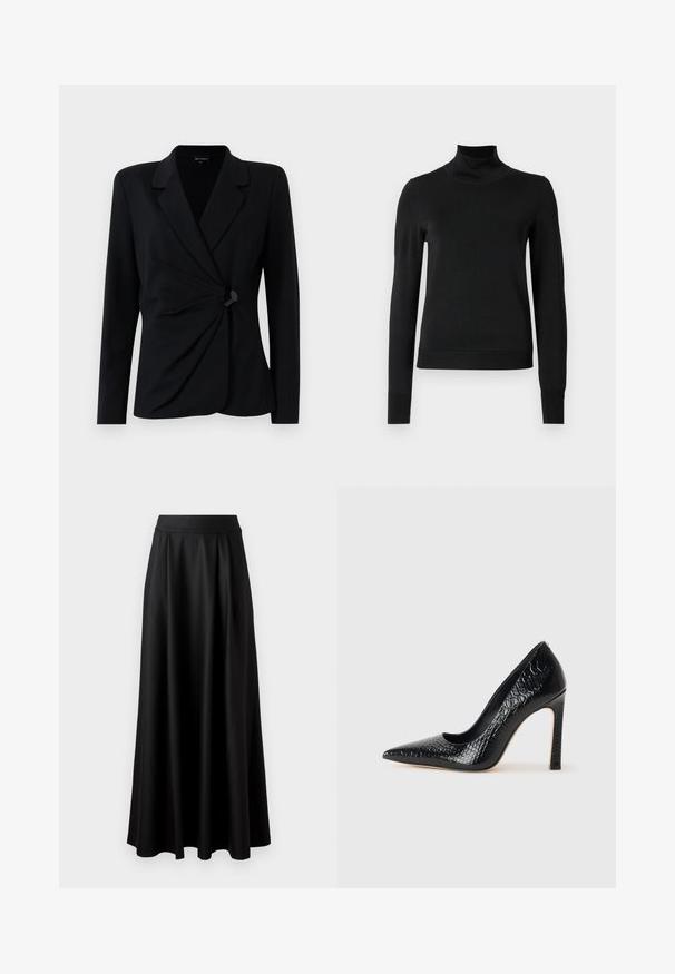 Mustmust mustrihaga, millel on pikad varrukad, notched krae, riputatav esiosa kujundus ja üks must nööbikäänd. Valmistatud siledast kangast.; Mustmusterta mustaga pikkade varrukatega kõrge kaelusega sviiter, millel on ribakudumisega mansetid ja äär, esitatud lihtsal valgel taustal.; Mustmust pikk, must seelik, millel on sile tekstuur, lai vöökoht ja volditud disain, ilma nähtavate mustrite või kaunistusteta.; Mustan teravaotsaga kõrge kontsaga king, millel on krokodillimustriga tekstuur, stiilne disain, kõrge stilettokonts ja sile must sisesisustus.