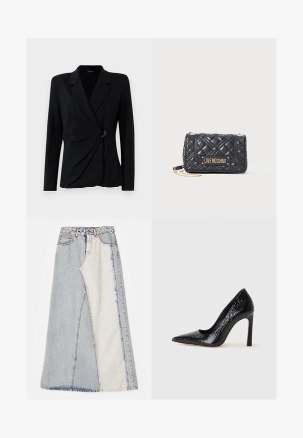 Juodas, pritaikytas švarkas su ilgomis rankovėmis, turintis nupjautą apykaklę, krentančio priekinio dizaino ir vieną juodą mygtuko užsegimą. Pagamintas iš lygaus audinio.; Juodas ilgomis rankovėmis bodis su giliu V formos iškirpimu, sluoksniuota volanų dizainu per krūtinę ir platėjančiomis rankovėmis. Lygus, tamprus audinys.; Džinsinė sijonas su lokščių raštu, įskaitant šviesiai ir vidutiniškai mėlynus skyrius, suplėšytais kraštais ir aukšta juosmens linija. Klasikinis penkių kišenių stilius.; Juoda smailiakulnė aukšto kulno bateliai su krokodilo odos tekstūra, pasižymintys elegantišku dizainu, aukštu stiletu kulnu ir lygia juoda vidine dalimi.; Juoda siūta Love Moschino rankinė su auksine grandine ir auksiniu prekės ženklo plakatu ant priekinių durelių.