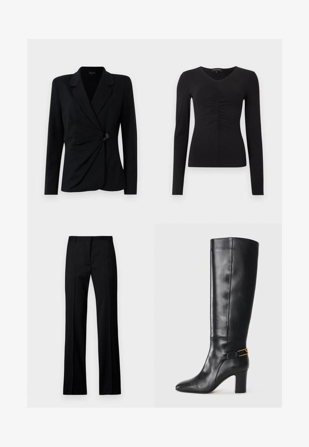 Blazer preto, ajustado, com mangas longas, apresentando um colarinho recortado, design de frente drapeada e fechamento com um único botão preto. Feito de tecido suave.; Camisola preta de mangas compridas com decote em V e detalhe franzido à frente, confeccionada em tecido liso. Silhueta ajustada e design minimalista.; Calças pretas de perna reta em tecido suave, com frente lisa, passantes para cinto e sem bolsos ou adornos visíveis.; Bota alta de couro preto com bico apontado e salto robusto. Apresenta uma tira de destaque em tom dourado ao redor do tornozelo. Textura suave.