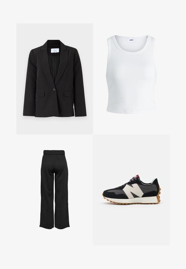 Czarna marynarka z kołnierzem, z zapięciem na jeden guzik i dwoma przednimi kieszeniami. Wykonana z gładkiego materiału o dopasowanym kroju i nieco dłuższych rękawach.; Biały prążkowany top na ramiączkach z okrągłym dekoltem, bez rękawów i skróconej długości. Metka z napisem "JJXX." Gładka faktura materiału.; Czarne, szerokie spodnie z elastycznym pasem, wykonane z gładkiego materiału. Charakteryzują się prostym wzornictwem, bez kieszeni i widocznych szwów.; Czarno-szare zamszowe sneakersy z dużym kremowym logo "N", purpurowymi sznurówkami i teksturowaną gumową podeszwą.